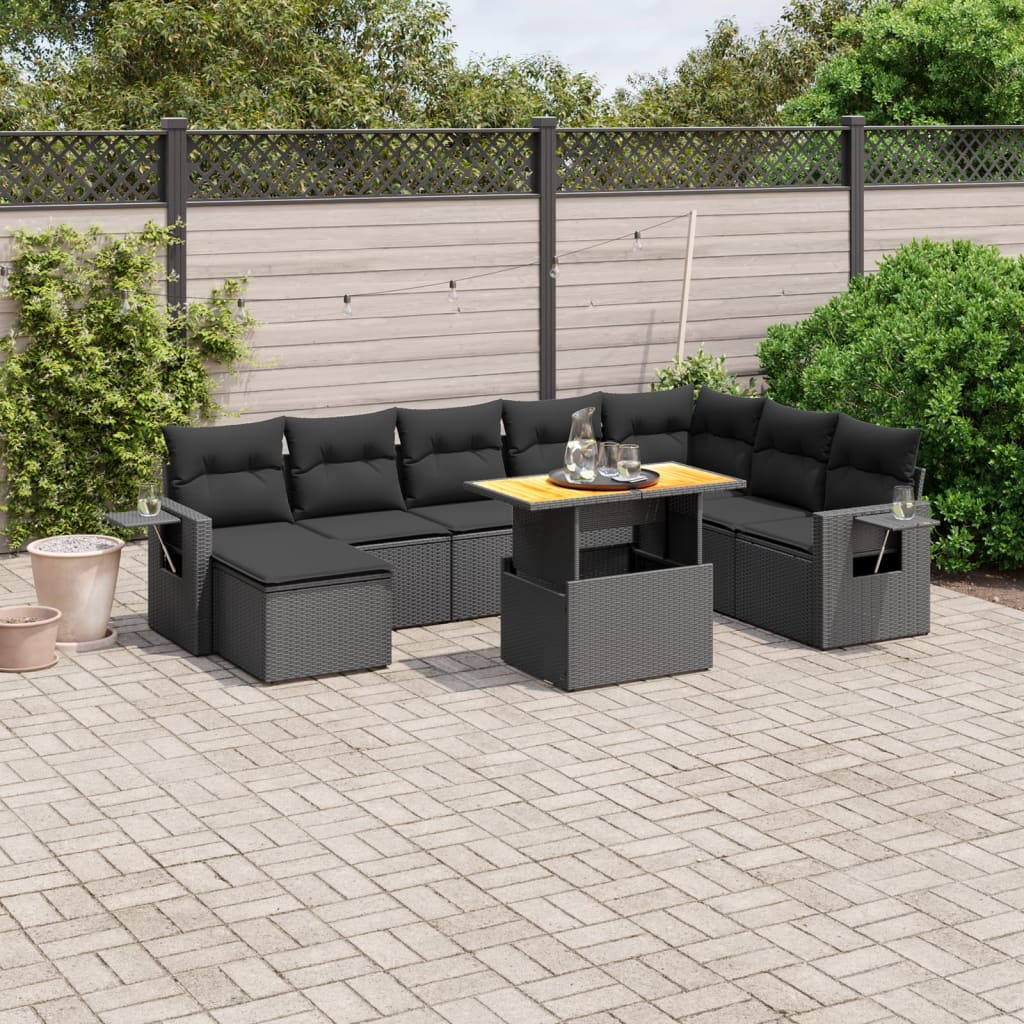 9-tlg. Garten-Sofagarnitur mit Kissen Schwarz Poly Rattan